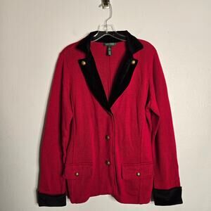 Ralph Lauren Red Knit Cardigan Jacket Black Velvet Trim Gold Buttons 1X Classic